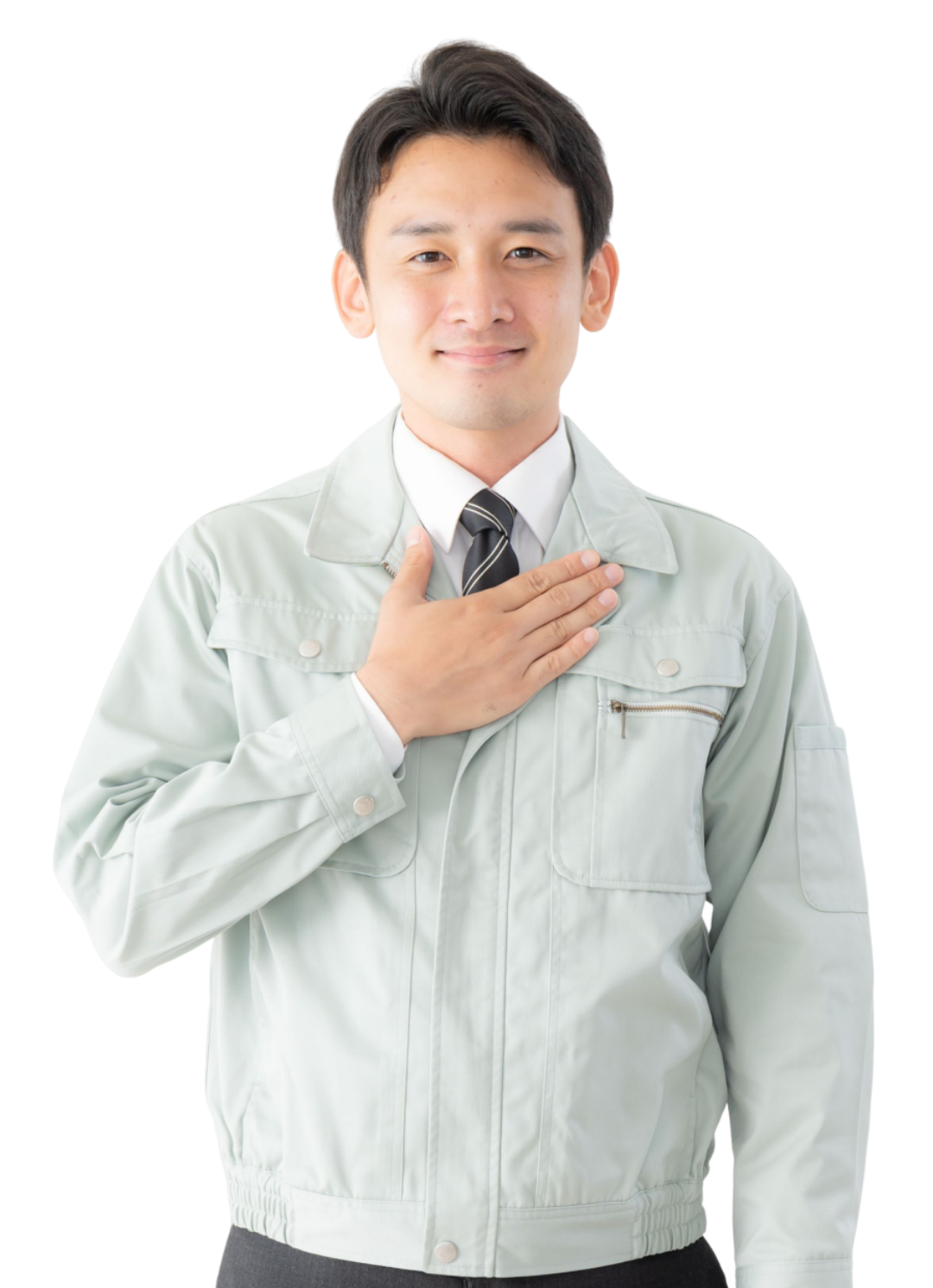 作業着をきた男性が胸に手を当てている様子